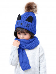 Шапка для девочки с ушками котика и шарф Jomtoko J190 синяя